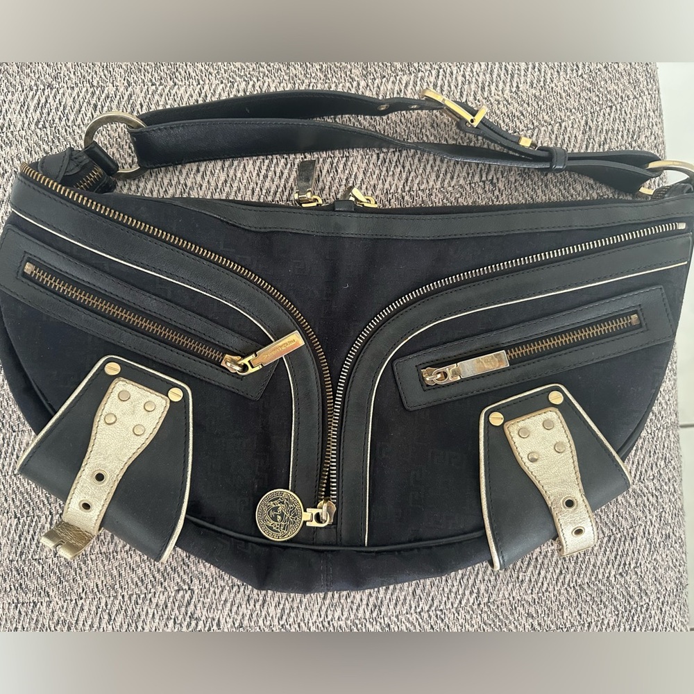 Versace Black Canvas Shoulder Bag with Gold Hardware